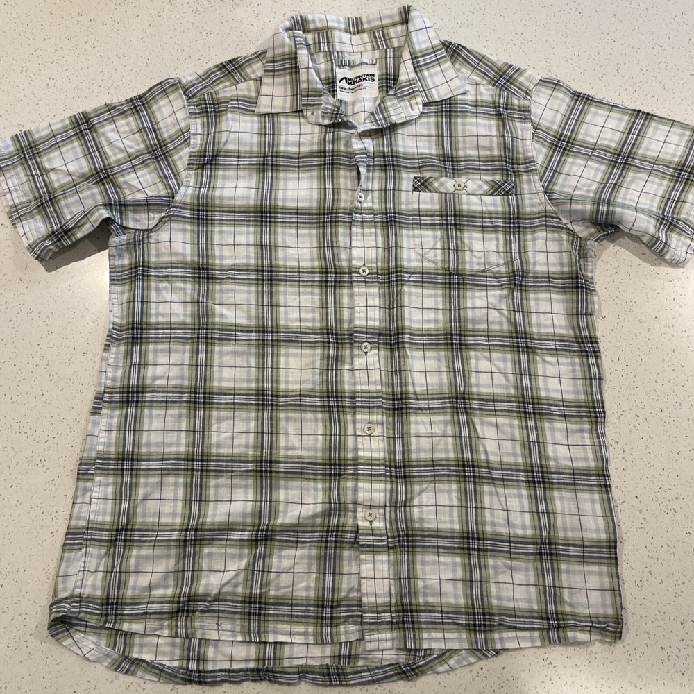 Mountain Khakis Shirt Mens Large Green White Plaid Cotton Short Sleeve Button-Up